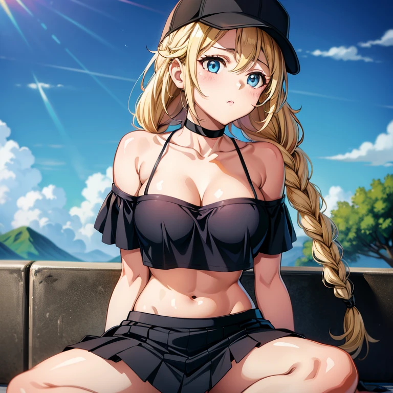 the blonde haired girl is sitting on top of a bench with her hands crossed, 1girl, breasts, blue eyes, solo, blonde hair, hat, twin braids, braid, large breasts, long hair, looking at viewer, baseball cap, cleavage, black headwear, collarbone, blush, sitting