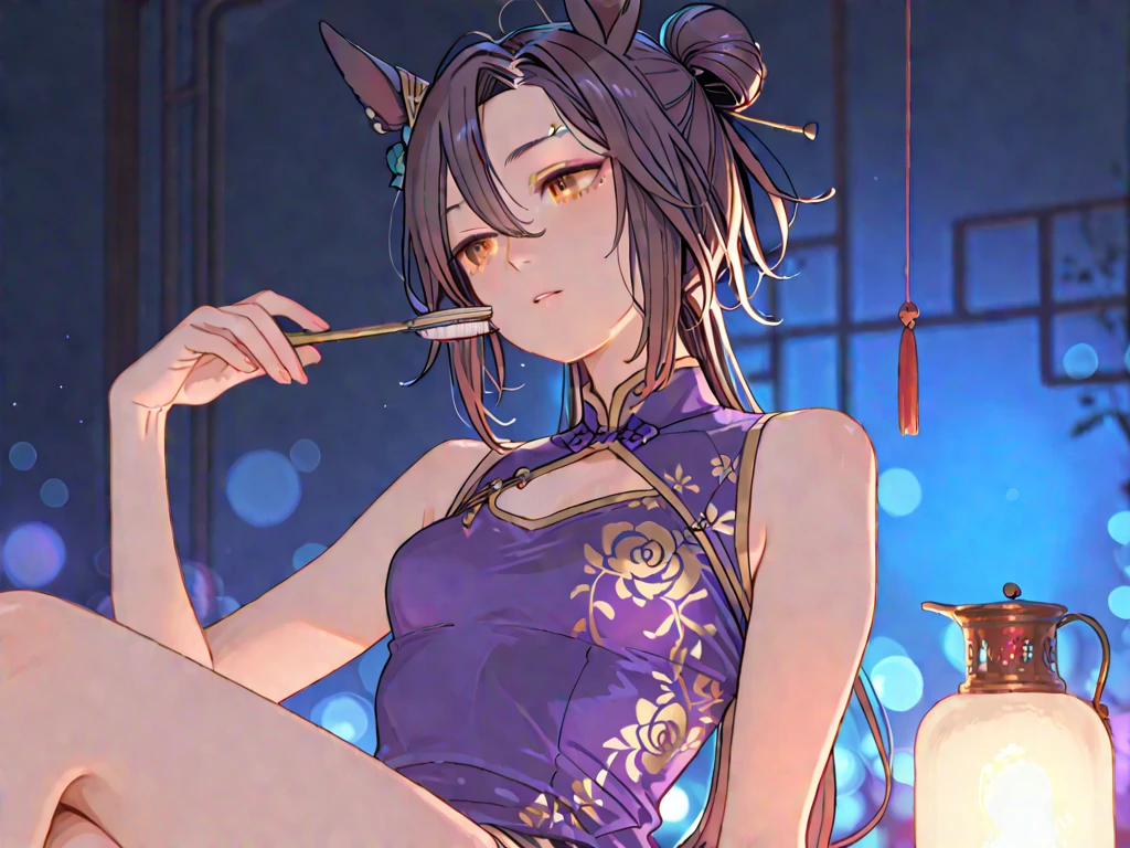 16k，HD，Long purple hair，Cat ears，Purple jewel colored eyes，15year old，Thin stature，Height 170mm，Dark purple bandeau evening dress with gold stripes（Chinese dress），Black tights（The left thigh is decorated with gold patterns），Bare shoulders，Small purple high heels，Yupei，Chinese，Lantern Festival background，A gentle breeze，In a busy city，Hold a cup of bubble tea，Very cute。