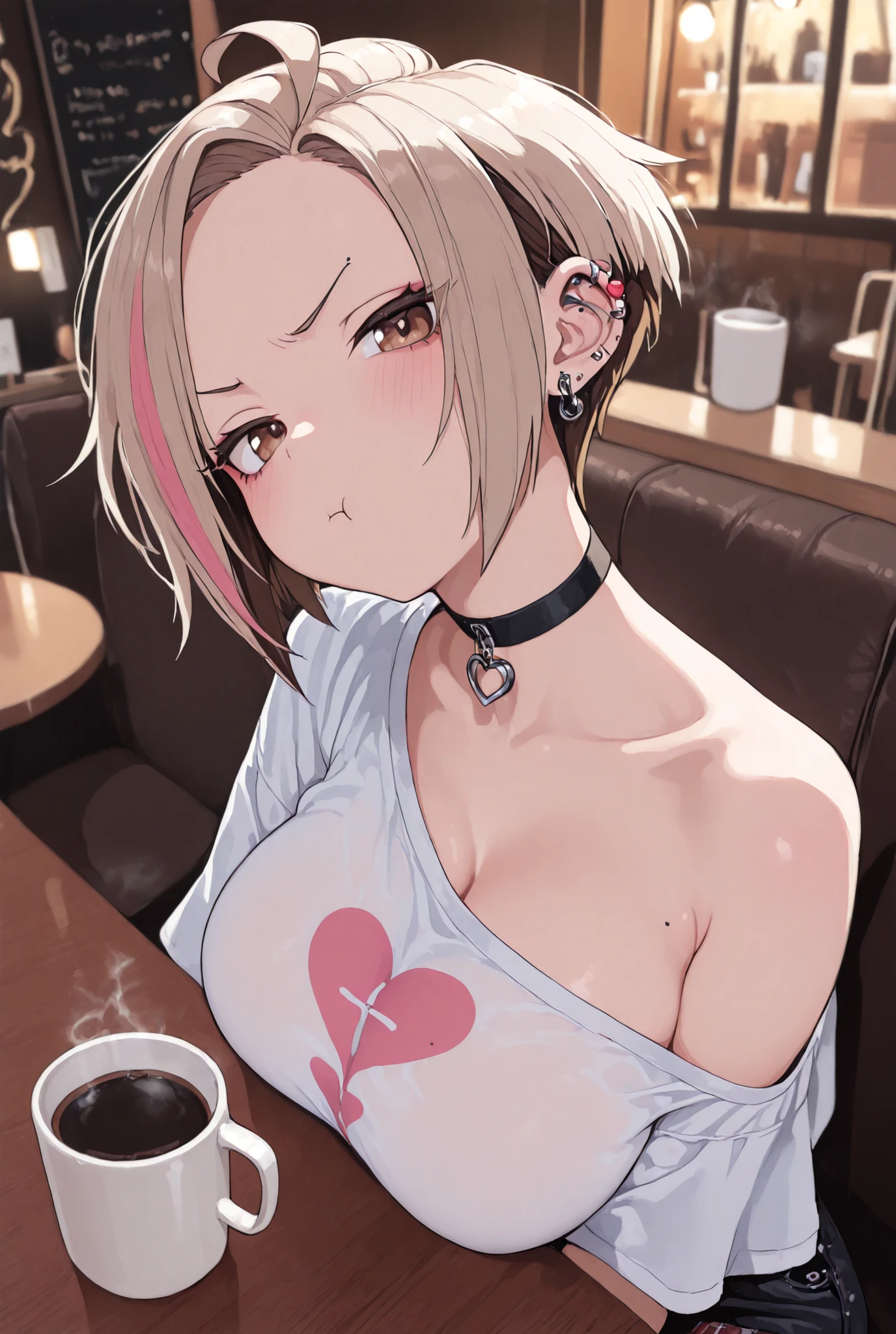 masterpiece, best quality, very aesthetic, absurdres, amazing quality, newest, very awa, highly detailed, fine detail, intricate detail, volumetric lighting, perspective, perfect lighting,
1girl, big breasts solo, brown eyes, very short hair, piercing in the ear, punk girl style, beige hair, long hair, streaked sidelocks, ahoge, cherry earrings, black choker, loose shirt, dropped shoulders, short and wide sleeves, heart print, indoors, cafe, sitting, table, cup, coffee mug, arm rest, making a cute angry pout, head tilt,