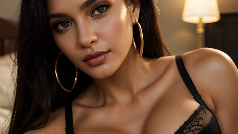 Absurd resolution, high resolution, (masterpiece: 1.4), hyper-detail, hyper-realistic, beautiful araffed woman in sexy lingerie, happy, rage, night, light portrait, Instagram model, cleavage, beautiful latin face, beautiful body and face, beautiful woman, beautiful and detailed body and face, beautiful face and figure, natural makeup, photorealistic, RAW, skin texture, film grain, best shadow, selfie, 55mm, ultra HD, film grain