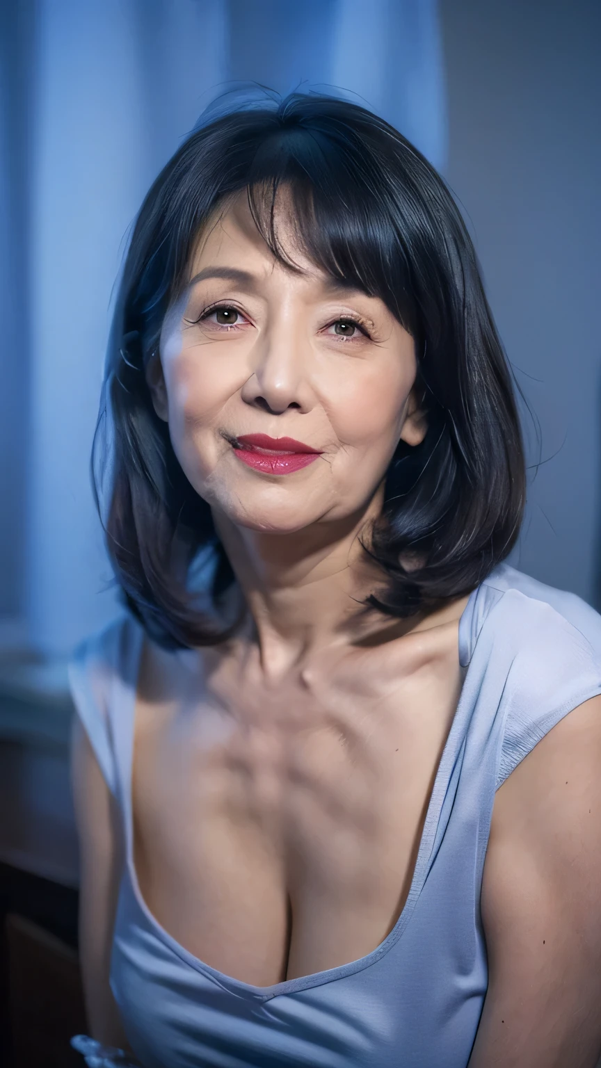(((Highest quality)), ((8k)), ((masterpiece: 1.3)), (Photorealism: 1.6), (JMA), (Who), (Portrait of a Japanese mature woman), (Pitch black background: 1.2), (65-year-old woman), (Cat face), (Perfect looks), ((Realistic skin texture)), (Fine wrinkles all over the skin), (Dullness), (Facial wrinkles), (Wrinkles around the eyes), double eyelid, Tear bags under the eyelids, (corner of the eye), Thin eyebrows, (Grimacing and laughing), Short bangs, short hair, (Colorful V-neck sexy dress: 1.2), (Close-up of face),