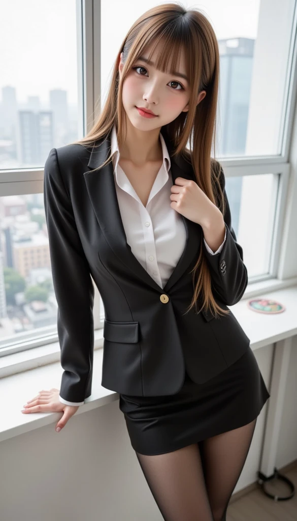 (Best quality, masterpiece, detailed), (RAW, 4k, hd images), 1 girl, , white skin, long hair, ponytail, layers hair, bangs, black hair, beautiful girl, cute girl, sweet girl, pretty girl, perfect girl, perfect body, pretty eyes, blue eyes, thin lips, (eye line, lip soft), perfect round breast, glasses(detailed frame), simple background, smile, thigh, legs, formal office uniforms, full body, modeling pose, free style pose, random angle capture, sexy