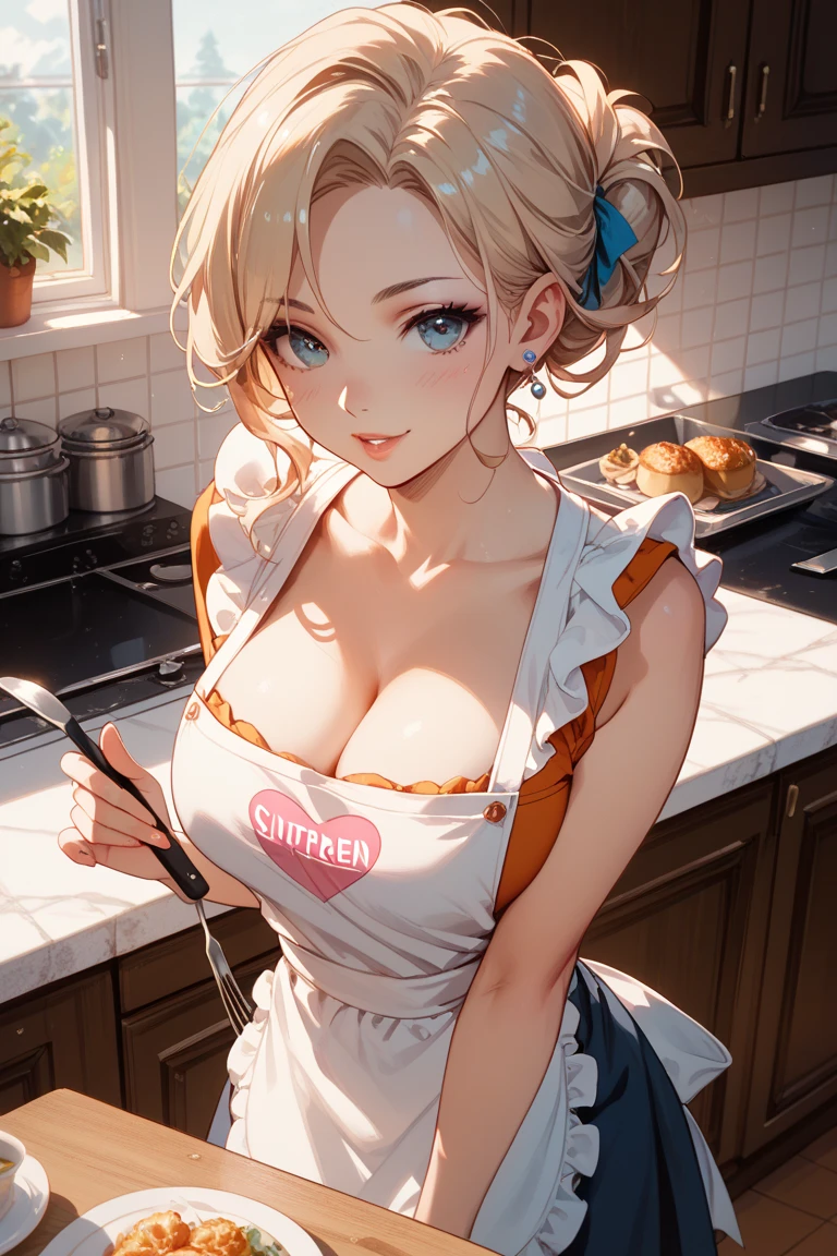(((Full and soft breasts,)))(((Huge breasts))) (((Cleavage))) (Perfect curvy figure),Not suitable for working hours,Tall、Beautiful mature woman, Only wearing an apron,Express confidence, Expose thighs and shoulders, Full figure, Large Breasts, Ball Head, Human Wife, in the kitchen.