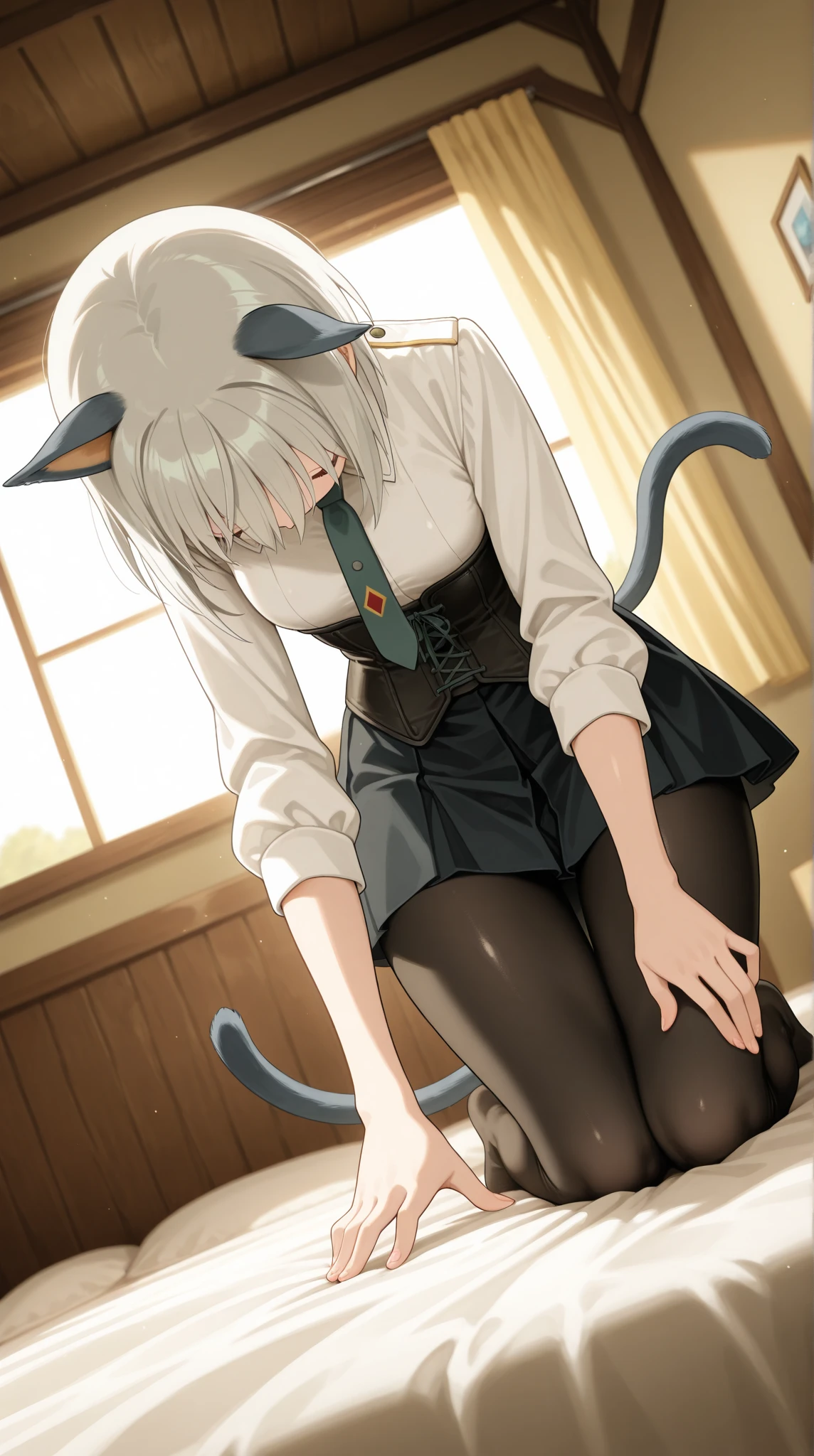 (masterpiece, best quality), 1girl, <lora:LoRA_Neferpitou:1> NeferpitouDef, orange eyes, white hair, short hair, wavy hair, bangs, curly hair, animal ears, hair between eyes, breasts, medium breasts, cat girl, cat tail, tail, cat ears, joints, doll joints, shirt, long sleeves, pantyhose, shorts, collared shirt, blue shirt, spoken question mark, brown shorts, orange shorts, shoes, socks, other focus, hunter x hunter, neferpitou, More doll joints*, (joints:1.4) or (doll joints:1.4)