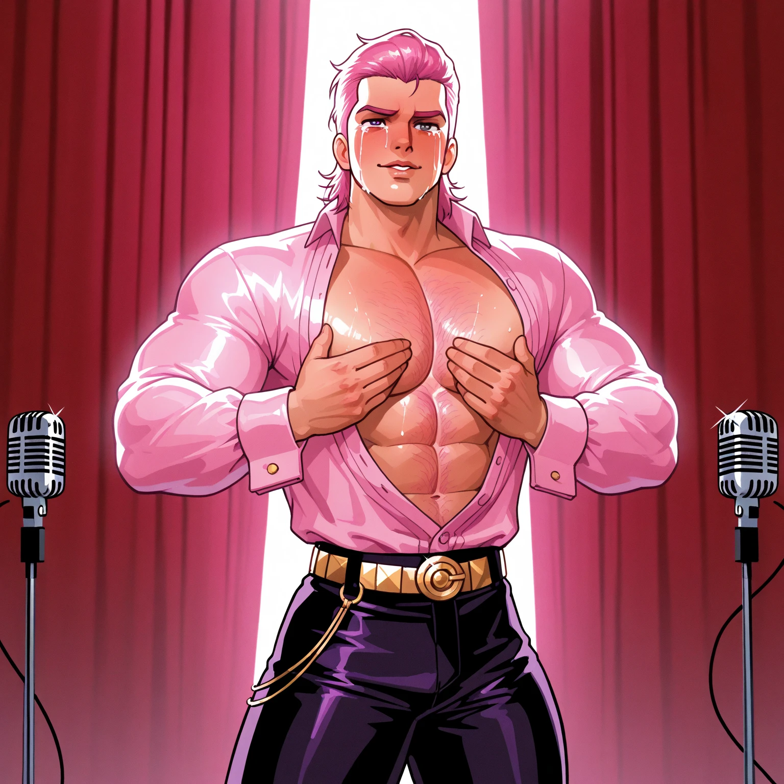 <lora:he-man_offset:0.8>, a portrait photo of a fabulously perverse and (happy:1.5) he-man singing in front of a grey background,  blonde bob hair,  pink jacket, white shirt, loin cloth, fancy star shaped belt buckle, microphone,BREAK, many rainbows, pink smoke, 
masterpiece,