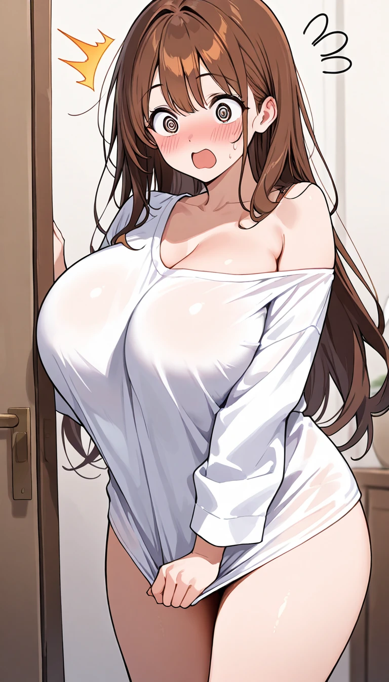 best quality, masterpiece, ultra-detailed, high quality, highres, takeda hiromitsu style, 1girl, mature female, brown hair, long hair, half bun, beautiful, beautiful and perfect face, smile, open mouth, looking at viewer, (white t-shirt, pink shorts), sweating, see through, breasts, large ass, curvy body, POV, close shot, from the side, from behind, from above, full body, standing sideways, in home, open the door, leaning forward