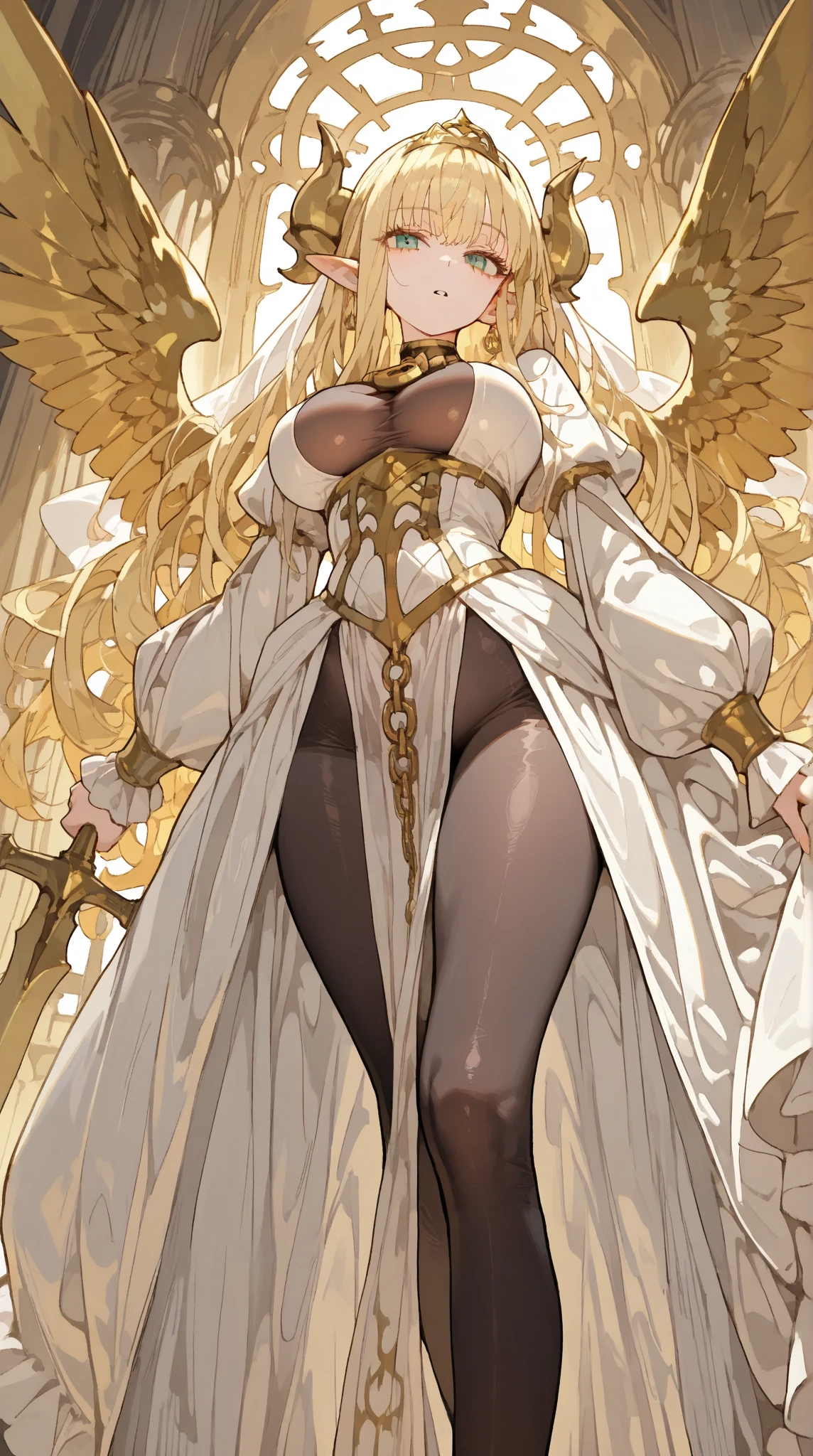 steam punk angel, gold ornaments, full body, gigantic wings, powerfull, intimidating, beautiful face