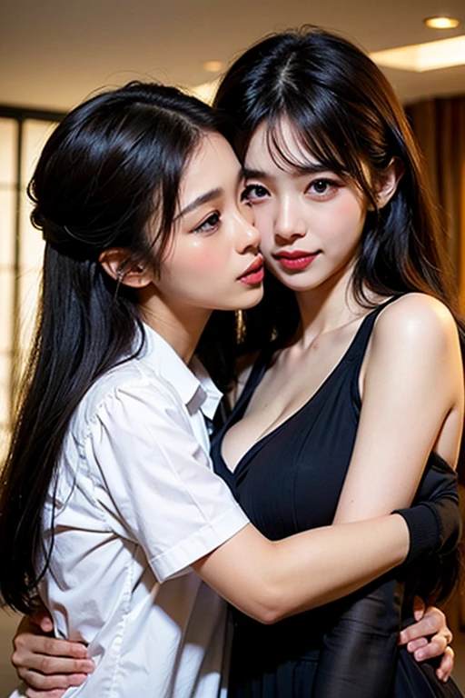 two girl kissing,,(bright lighting,romantic setting),dreamy background,,dark hair, mesmerizing gaze, , soft skin, alluring beauty, artistic portrait, high-quality image, vibrant colors,translucent long silk gown, mosquito net, lying down, romantic bedroom,bondage