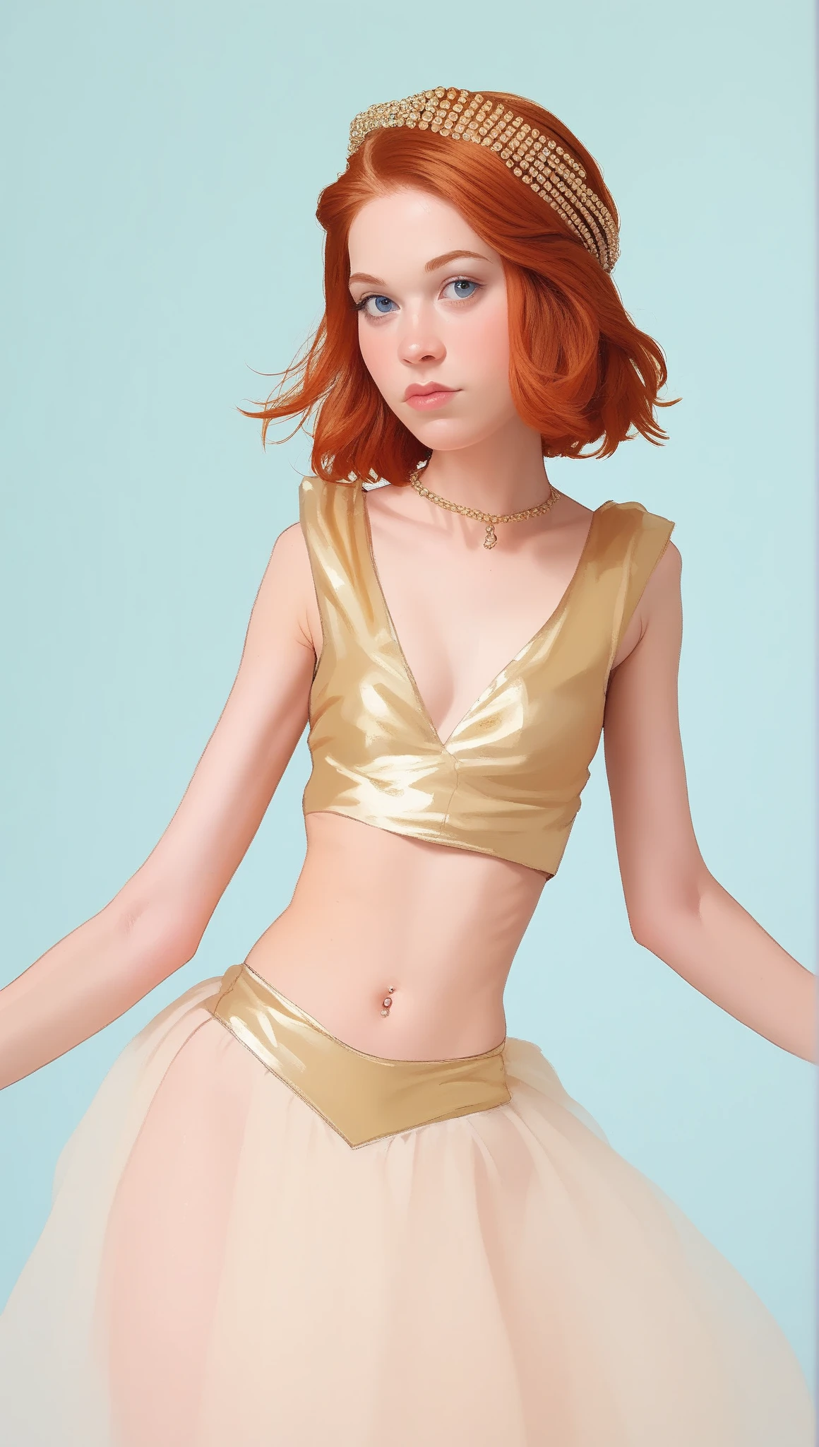 a 16 y.o. trashy girl, ginger girl very pale skin full of freckles, pink, blue, yelow... top and miniskirt,very thin, very very large puffy ears, big long nose,flat stomach, recording a in an abandoned airport full of abandoned airplanes, dynamic poses,