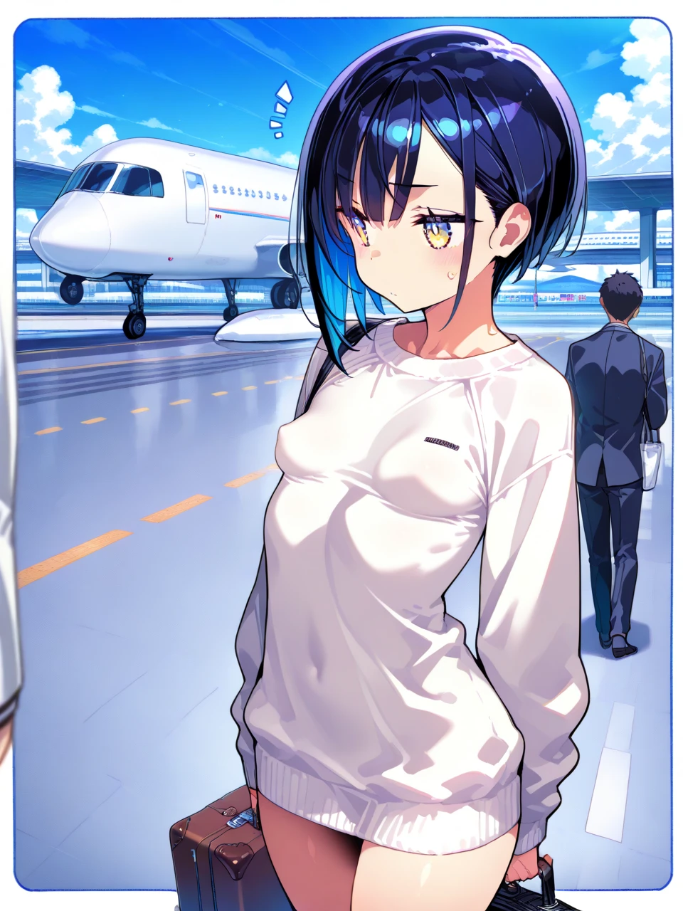blue eyes, wearing long plain white shirt, high res, ultrasharp, masterpiece, wet shirt, black short hair, skinny legs, pussy, crowd not notice visible to viewer, secretly having sex, tiny girl, very close to other people, lay on side, seats in big crowd, sperm on girl