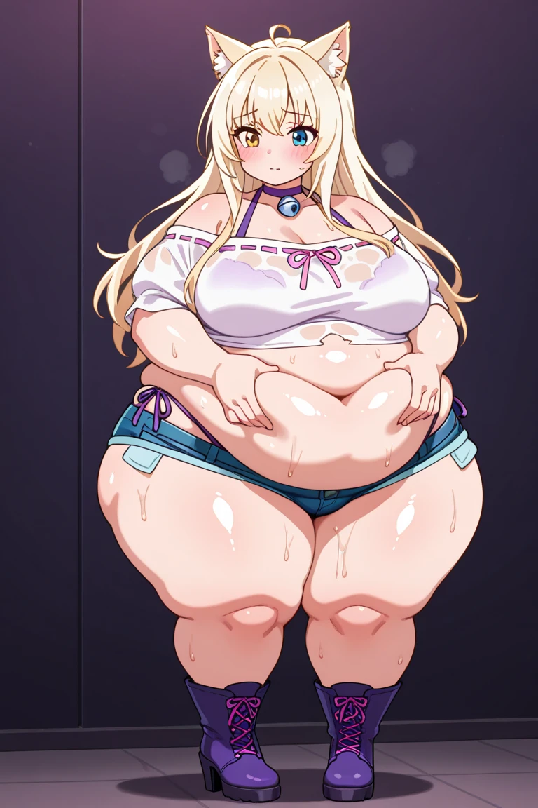 score_9, score_8_up, score_7_up, uncensored, source_anime, 1girl, solo, outdoors, school entrance, mejiro mcqueen \(umamusume\), summer uniform, white thighhighs, loafers, cowboy shot, evil grin, smug, smile, makeup, half-closed eyes, blush, huge breasts, wide hips, thick thighs, navel, midliff, chubby, plump, curvy, (platinum-blonde hair), blonde, sleeveless, bare shoulders, revealing clothes, metalic tan, (shiny skin, oily skin), dark skin, dark-skinned female, large areola, parted lips, bitch, whore, slut, skirt lift, lace trimmed panties, white panties