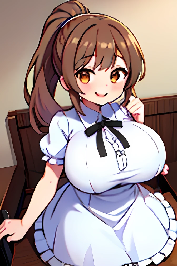 score_9_up,,score_8_up,score_7_up,score_6_up,score_5_up,score_4_up, 1 girl, satosasara, brown eyes, brown hair, single hair bun, (ponytail:1.2), long sideburns, long hair, frilled dress, white dress, white ribbon, short sleeves, puffy sleeves, puffy short sleeves, frills,(huge breasts), sagging breasts,((smile)), embarrassed ,sit chair ,((pov angle)),looking at viewer,