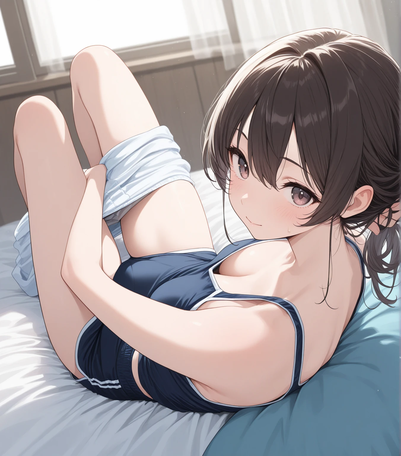 (One girl)、Spread your legs、smile、From below、Light blue striped underwear、Light blue striped bra、Spread your legs、bed、Dark brown short hair、Dark brown eyes