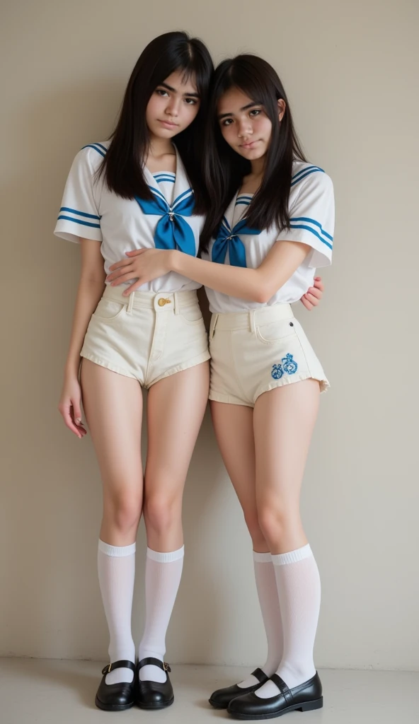 Two girls, speed style white briefs without logo, white school gymnastics shirt, 18 years old, bangs, a little smile, thighs, thighs, knees, short cut hair, ponytail, from below, legs spread pose