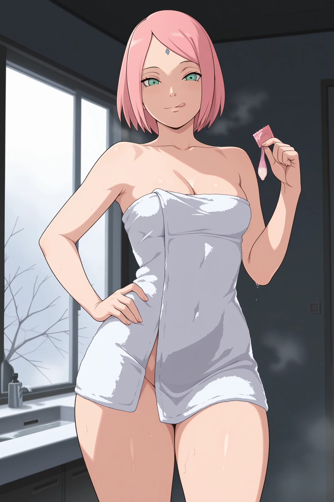 High quality、16 km race、anime screen capture、(((NSFW)))、(((Lori)))、(((smaller breasts)))、(obesity)、(thick thighs)、(Pink hair)、(((((Wavy Hair)))))、Ahoge、(Yellow-green hair clip)、 (bob cut)、(dripping sweat)、(((wavy mouth)))、(Mouth wide open)、((swelling of nipples))、Light blue sports bra、(Light blue striped panties with pink ribbon)、white knee socks、((Orange eyes))、big ass、(Hands behind your body)、(((surprised)))、(((embarrassing)))、shower room、taking a shower、legs spread、from below