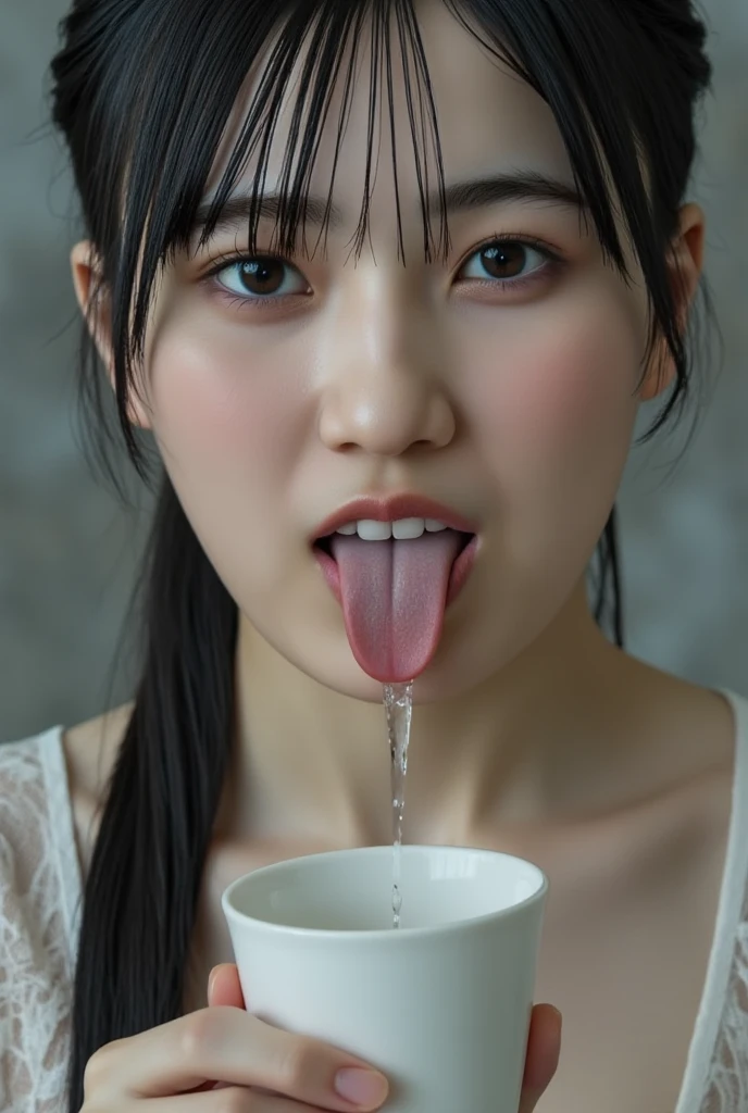 (8K, RAW Photos, Highest Quality, masutepiece: 1.7), (Realistic, Photorealistic: 1.9), NSFW, (Blushing, shy), Sweaty face, (business office room), (Full body, whole body), ((Small breasts)), (((have a cup, Large amounts of cum in a cum))), open the mouth, (projectile cum), slobber
