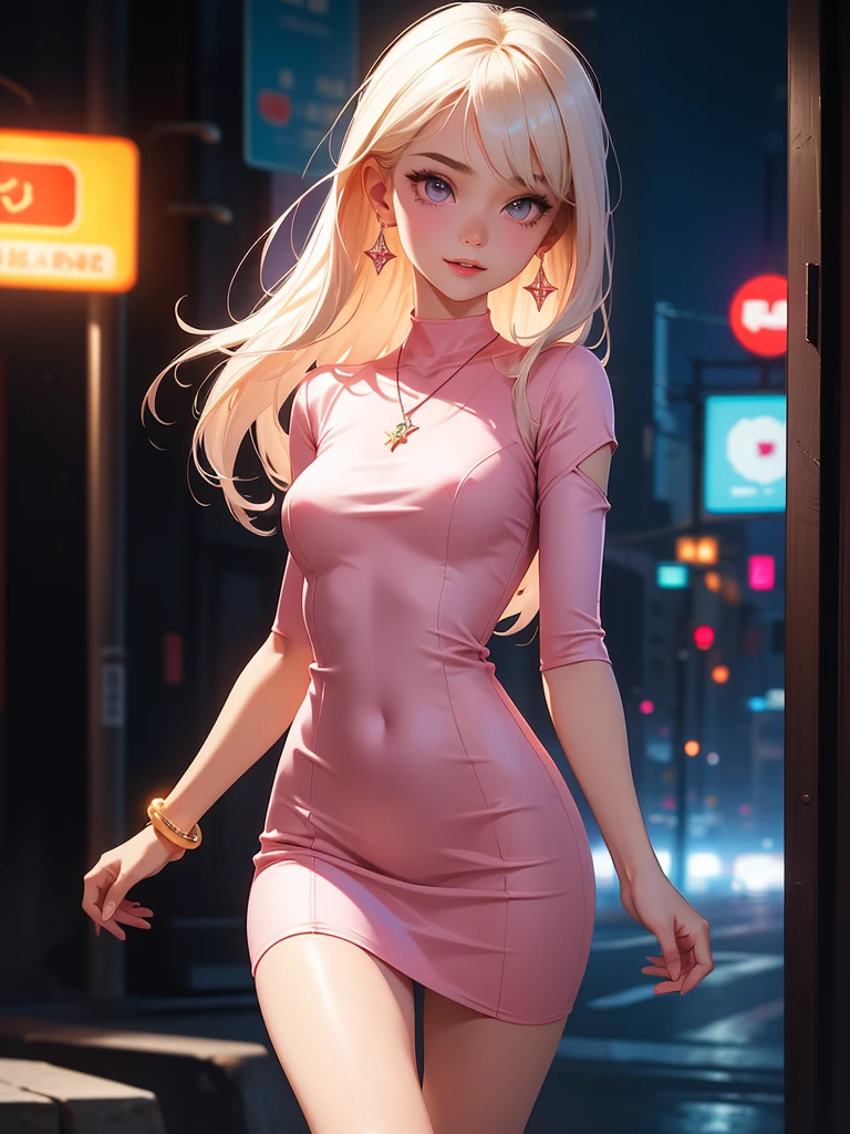 1 girl, tanned_skin, platinum blonde wavy long hair, large ass, wearing a pink summer dress, full lips, pretty long eyelashes, pretty eyebrows, soft looking skin, wearing one black velvet choker around her neck, night, neon light, masterpiece, wearing diamond earrings, showing her ass at the camera, ((blue eyes)), bending_forward