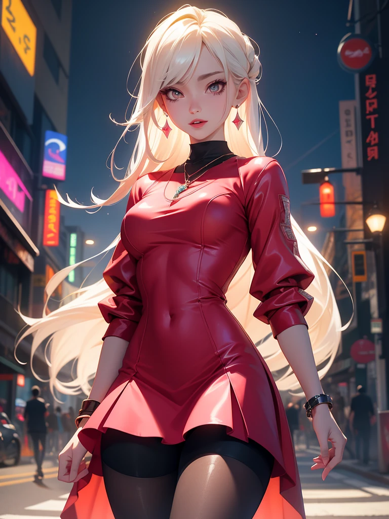 8 K, masterpiece, RAW photo, Best quality, detail:1.2), photorealistic, Extremely detailed Cg Unity 8 K wallpaper, depth of field, cinematic light, lens flare, Ray tracing, (incredibly beautiful face, beautiful lips, beautiful eyes), intricate detail face, ((ultra detailed skin)) 1 girl, In the dark, deep shadow, Cute Korean girl, k-pop idol, (Very thin and slender muscular body:1.3), ((view viewer)), (big smile), (bodycon mini dress), (pink dress), (Injection sleeve), (City night, (sign neon lights), (night), Cute Korean girl, earrings, bracelet, NECKLACE, tights, clear eyes, to walk, (pale skin), facing forward, (big eyes), ((upper body punches)), dress tightly, silk dress, Return, backshot, Very thin, slander