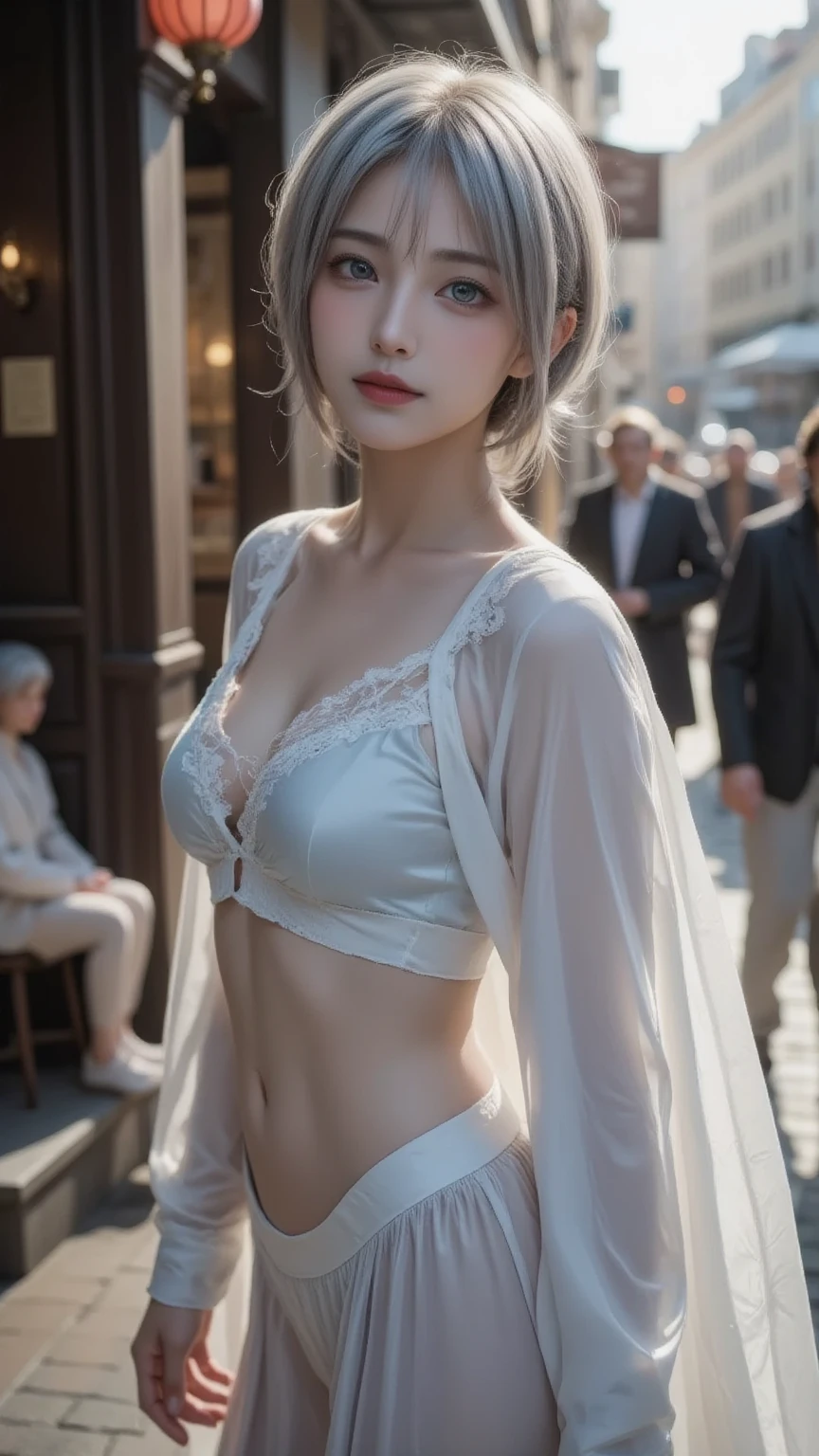 Cyberpunk Girl, Hyper Realistic, 3D Face, HDR, Octane Rendering, NSFW, Futuristic Style, Blade Runner, Night City, One Girl, Slim Body, Slim Waist, Scar Face, Perfect Legs, (More Realistic Skin Texture:1.2), Natural Skin Texture, Top Quality, Masterpiece, Illustration, Very Delicate and Beautiful, Very Detailed, CG, Unity, 8K wallpapers, (Real Unity 8k wallpapers, ridiculous, incredibly ridiculous, huge file size, super detailed, very detailed, very detailed, super detailed, very detailed, professional lighting, photon mapping, radiosity, physically based rendering, fine detail, masterpiece, top quality, official art, very detailed, beautiful girl, very detailed eyes and face, beautiful detailed eyes, ( Kpop Idol), (Charming Monkey: 1), ((Full body)), 1 girl, (((standing)), Necklace, Big, (Chest tension: 1.5), (Slim: 1.5), (Constriction: 1.2), (Slim thighs: 1.5), ((Business suit), (Lace bra), (Lace underwear), ((White Coat)), (Openware)), earrings, business woman, posing, knee level, looking forward, silver-haired, looking (blurred background: 1.4), night, (details: 1.4), (hands in hair),