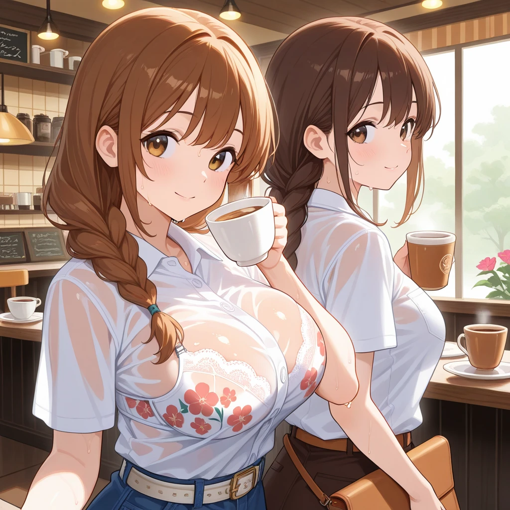 2heads, a chubby woman with 2 heads. Brown skin. Working behind the counter at the register at a coffee shop. Wearing apron with store logo, wearing worker uniform. Cleavage. Mature, milf. Messy short frizzy brown hair. Thin face, cute face. Smiling. Blushing. Thick eyeliner. Eyeshadow. Baggy eyes. Extremely tall. Freckles, many freckles. Covered in freckles. Big saggy breasts covered in freckles. Huge saggy breasts, hanging breasts. Close up, intimate. Slutty.