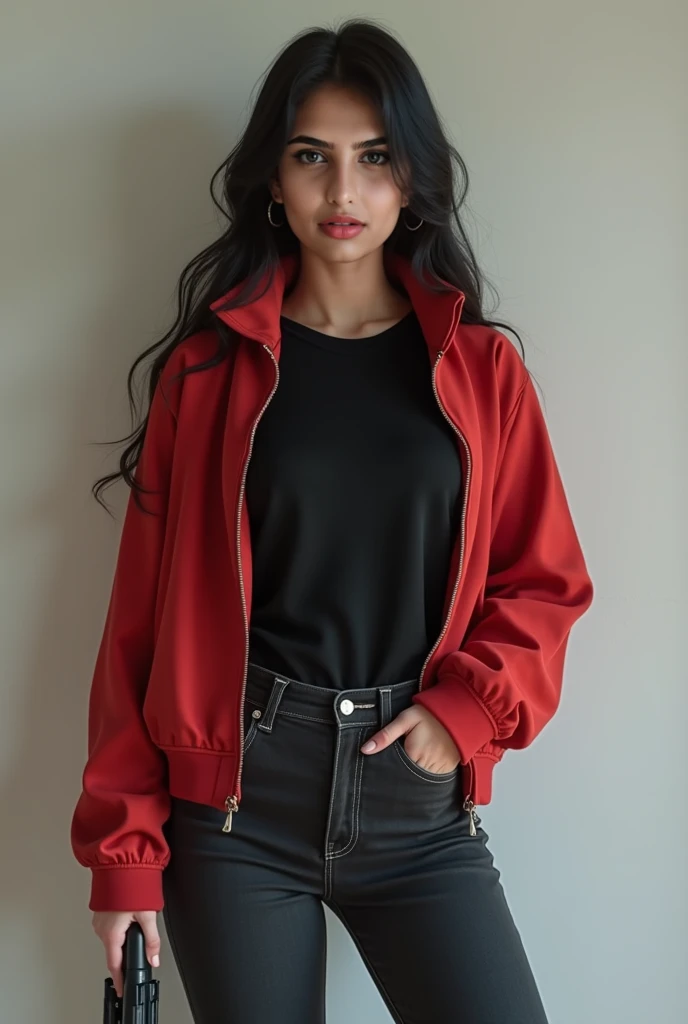 1girl, lariroche, coat jacket, red tshirt, in red tshirt, portrait, upper body, makeup, eyeliner, pants, full body, outdoors, street, road, city,