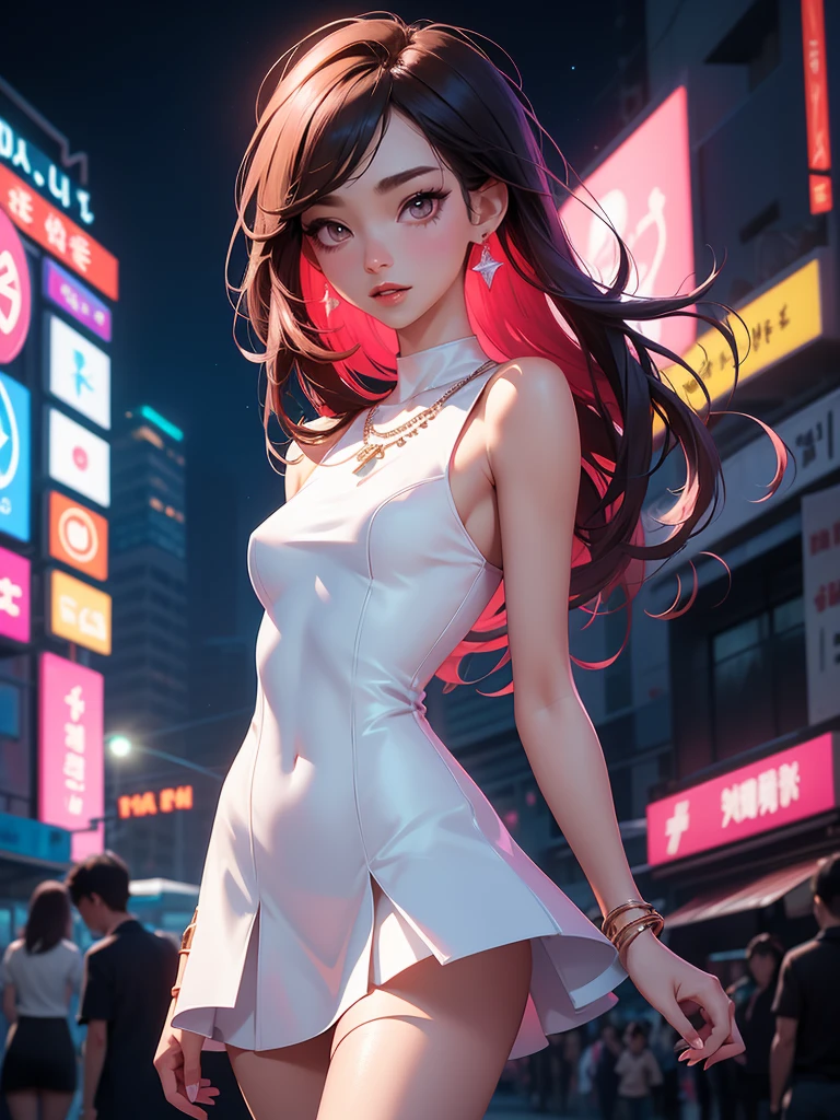 8 K, masterpiece, RAW photo, Best quality, detail:1.2), photorealistic, Extremely detailed Cg Unity 8 K wallpaper, depth of field, cinematic light, lens flare, Ray tracing, (incredibly beautiful face, beautiful lips, beautiful eyes), intricate detail face, ((ultra detailed skin)) 1 girl, In the dark, deep shadow, Cute Korean girl, k-pop idol, (Very thin and slender muscular body:1.3), ((view viewer)), (big smile), (bodycon mini dress), (pink dress), (Injection sleeve), (City night, (sign neon lights), (night), Cute Korean girl, earrings, bracelet, NECKLACE, tights, clear eyes, to walk, (pale skin), facing forward, (big eyes), ((upper body punches)), dress tightly, silk dress, Return, backshot, Very thin, slander