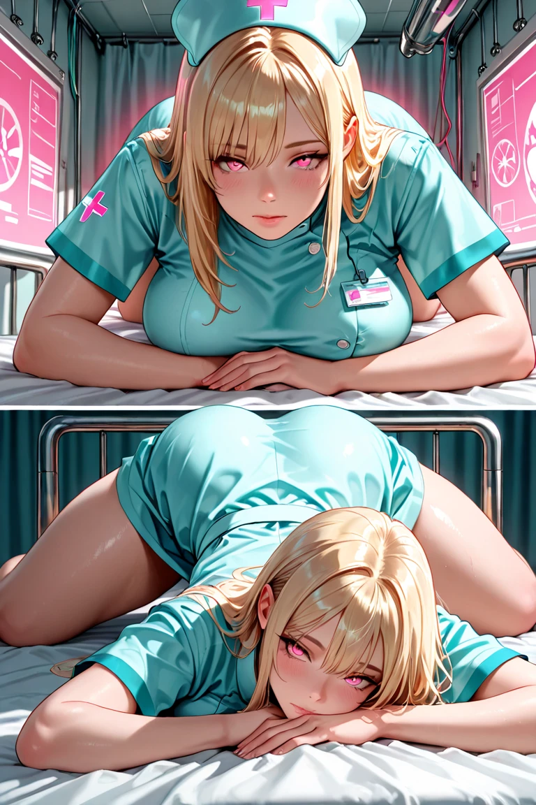 ultra detailed,[ 4k digital art ]!!,realistic anime art style,2female,esthetician and curvy blushed female,(oily skin:1.2),supine position,face up,massage robe,beauty salon,treatment,female lying on massage bed,full body shot,(blushed and suffering),