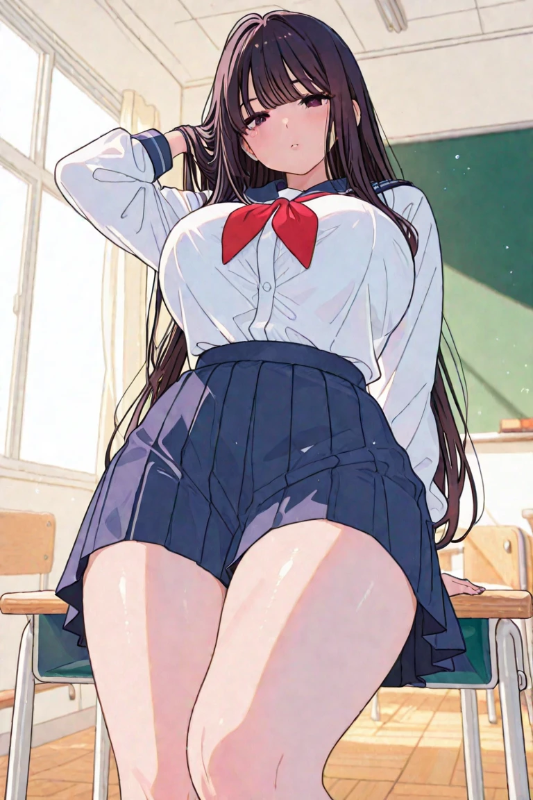 2 girls, by 2 person, Girl's brown eyes, black hair, medium long hair, Inward roll、(Navy blue sailor suit:1.4),indoors, Cafe、very big breasts、publish one'chest of、Naked things'chest of、blush、embarrassing、scary face、I'm worried、confused face、a large amount of breast milk comes out of the nipples,、Breast milk gushes from the nipple、very short skirt、micro mini skirt、female shape'Private parts are clearly visible、vibrator in thighhighs、The crotch is wet with love juice、leaning forward、Massage the breasts、Looks painful、Full body portrait