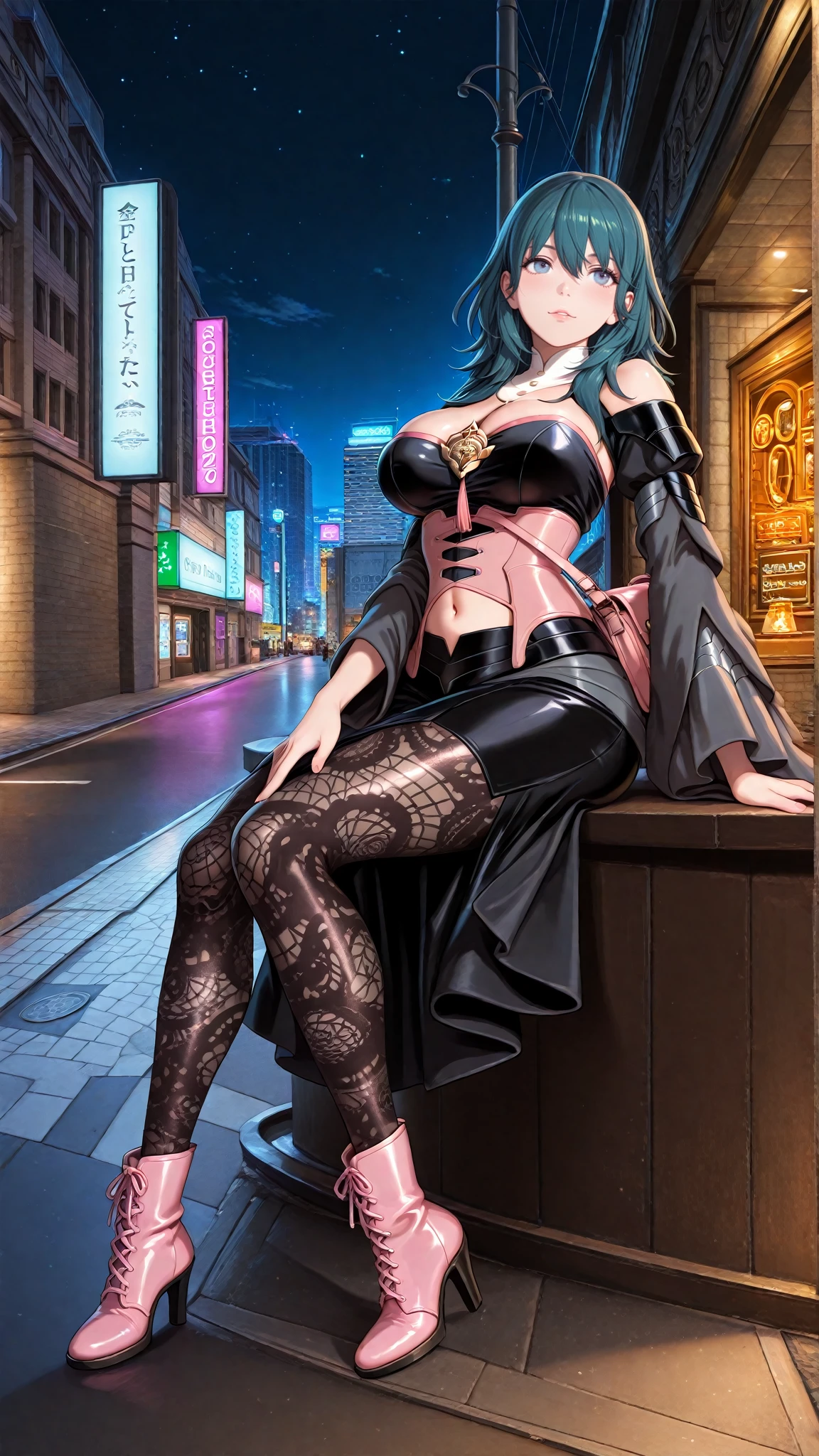 (masterpiece), best quality, high quality, 8k, wallpaper, DLSR, (ultra-detailed:0.4), (perfect face), best quality, perfect face, detailed shiny_eyes, baggy colorful clothes, clevage,colorful hair, tong showing, frontal view, modern street by night, holiday