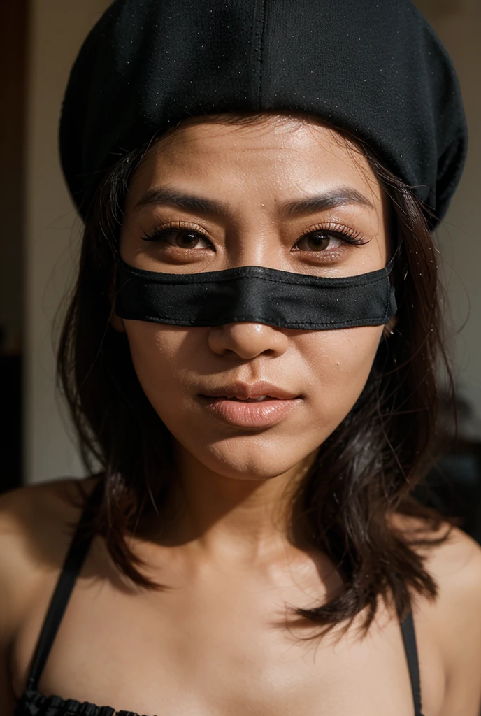 1 malay woman, 46 Years Old, wlop, (blindfold), breasts, cleavage, cleavage cutout, dress cutout, green background, hijab, high resolution, juliet sleeves, long sleeves, nier (series), Tight sleeves, red lips, shadow face, hijab, solo, turtleneck sweater, Full body.