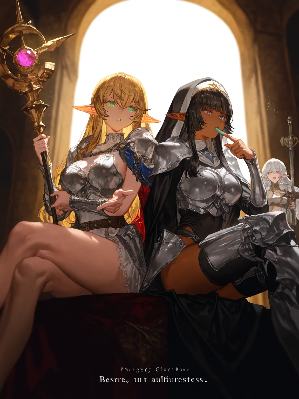 (masterpiece), maximum quality, (intricate high detailed body:1.5), (4 girls, group shot:1.4), (slim body:1.1), (huge tits:1.5), (dark skin:1.1), (muscles:1.1), blonde hair, silver hair, twin tails, braid, forehead, (open mouth, happy smile:1.1), (wink:1.2), (jewelry, knight armor, intricate leotard with sleeves, bikini armor, see through clothing:1.2), garter belt, body suits, retrospective, rear view, back focus, medieval tavern