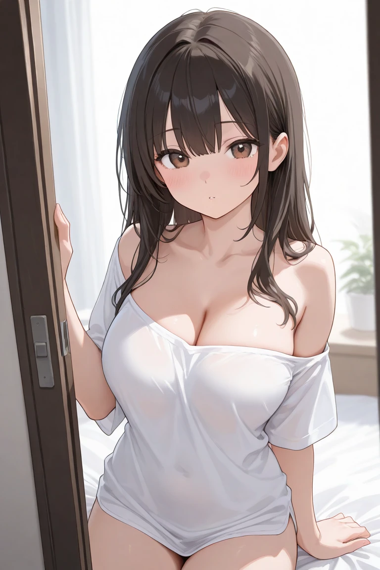 Cleavage、(leaning forward:1.3)、Upper Body, Realistic, real person, (pale skin: 1.2), RAW photo, photorealistic, shiny skin, shiny hair、(A 25-year-old woman with medium-length hair and bangs) and (wavy hair) and (brown hair) and (orange eyes) , (white) and (blouse) 、(blush:1.5), smile, Background is white、Alone、Are standing