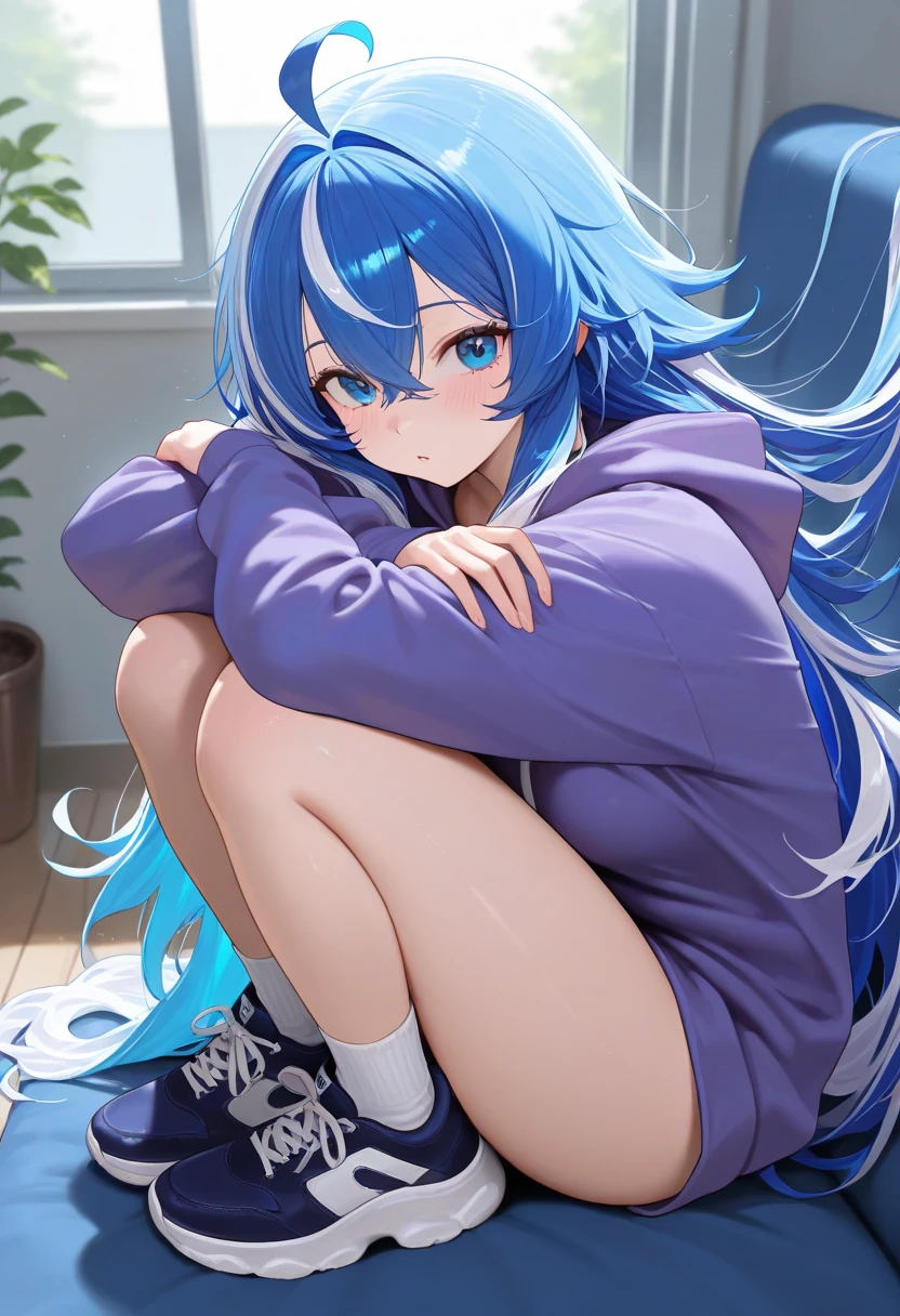 anime　Mermaid Girl　hoodie　Lying down with purple hair　Blue Tail
