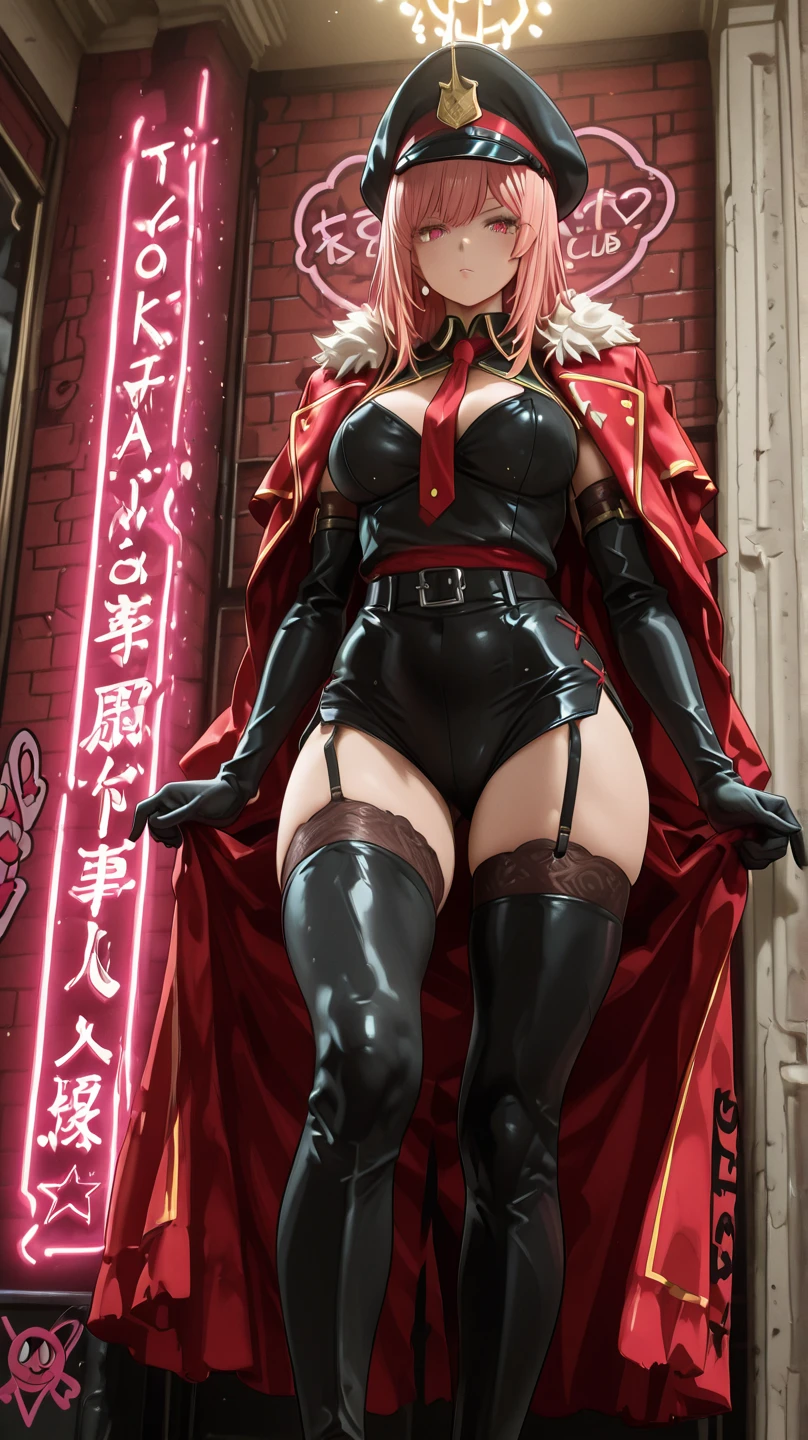 ((((masterpiece, best quality, high resolution)))), Extremely detailed 8K, Beautiful girl with voluptuous body, (Ultra HD, Ultra-detailed, Highly detailed, Highly realistic, Ultra-realistic, photograph realistic), (1girl:1.5), (Realistic white hair), (short silky hair, hair ornaments, earrings), (dynamic poses), facing at camera, looking at viewer, (blushing red, embarrassed, exhausted, smirk), (bright red eyes, sharp eyes), (small perky breasts:1.2), (wide hips:1.2), (beautiful detailed face, beautiful detailed eyes), ((black highleg leotard, Origleotard, thighhighs, OrigFullArm, full armed, cape, mechanical armor)), (detail pussy), (standing up:1.3), sweat, glow, (nightlight), ((cowboy shot)), bedroom, seductive