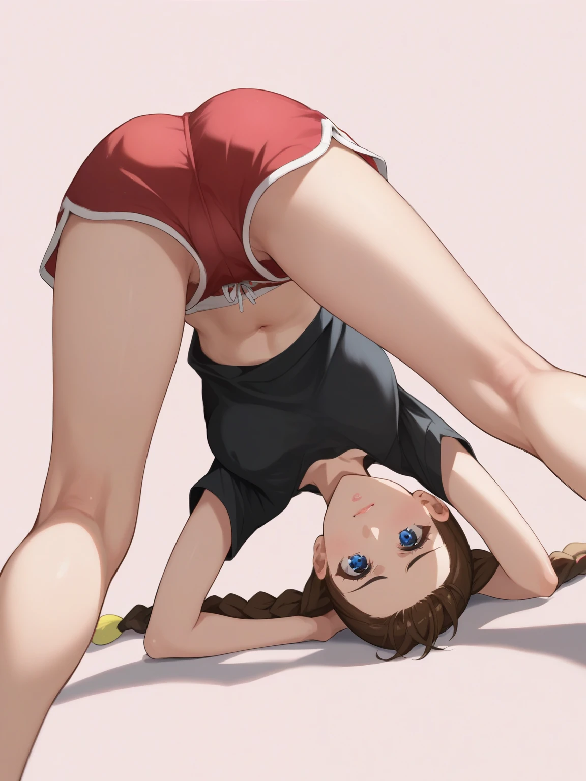 score_9, score_8_up, score_7_up, Source_Anime, nsfw,(23 year old Japanese woman with her eyes slightly open . slim and cheerful body,face,Petite,skinny,thick brown hair in braids, ,ridiculous,REALISTIC LIGHTING,blue eyes, black shirt, red dolphin shorts,face down,turn your buttocks upward, take off your blouse , Focus on the legs,Barefoot, from behind, and stare at the viewer, pink background, crotch cut ,Animeスタイル,precure style,glitter,depth of subject,fisheye lens,