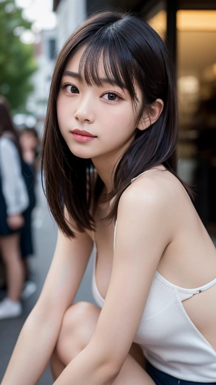 masterpiece, 8K, Photorealistic, Optimal ratio, Detailed face,((No clothes))、((Crouch)),(Completely naked)、Immature girl１people,Thick pubic hair,The vagina looks good､Focus on the vagina、Small nipples、Slender body､Being thin､Long, slender legs､With legs apart,((ＭCharacter splits))、Focus on the vagina、Black Loafers,Young face、bangs,A small smile,Touching hair with your hands,Ponytail with barrette,school bag,From below,Front light,Leaning on a park bench with legs apart