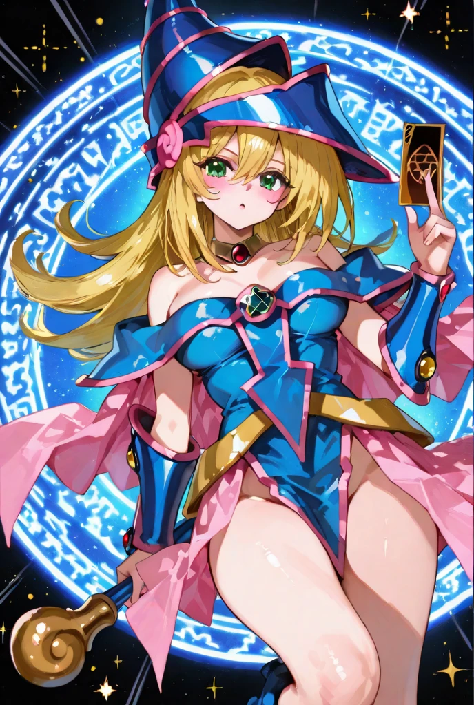 (Obra maestra:1.2), (La mejor calidad:1.2), perfect lighting, Chica Maga Oscura lanzando un hechizo, flotando en el aire, tetas grandes, escote, fondo de magia. Corazones transparente en el hambiente, bata azul, sombrero grande, desde arriba, Destellos, Yugioh Card en el fondo