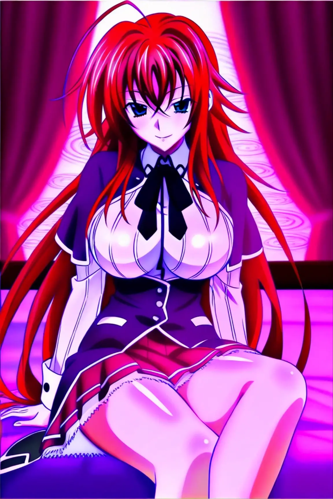 anime art style, 2d, masterpiece, best quality, very aesthetic, absurdres, dynamic shadows, atmosferic, (1girl), rias_gremory,, high_school_dxd, solo, red hair, antenna hair, long hair, blue eyes, detailed eyes, hair between eyes, bangs, medium breasts, curvy body, makeup, black leotard, bunny ears, fake ears, white bow on neck, choker, eyes up, sexy smile, (cowboy shot), (looking at viewer), sitting, crossed legs, bedroom, on bed, indoors