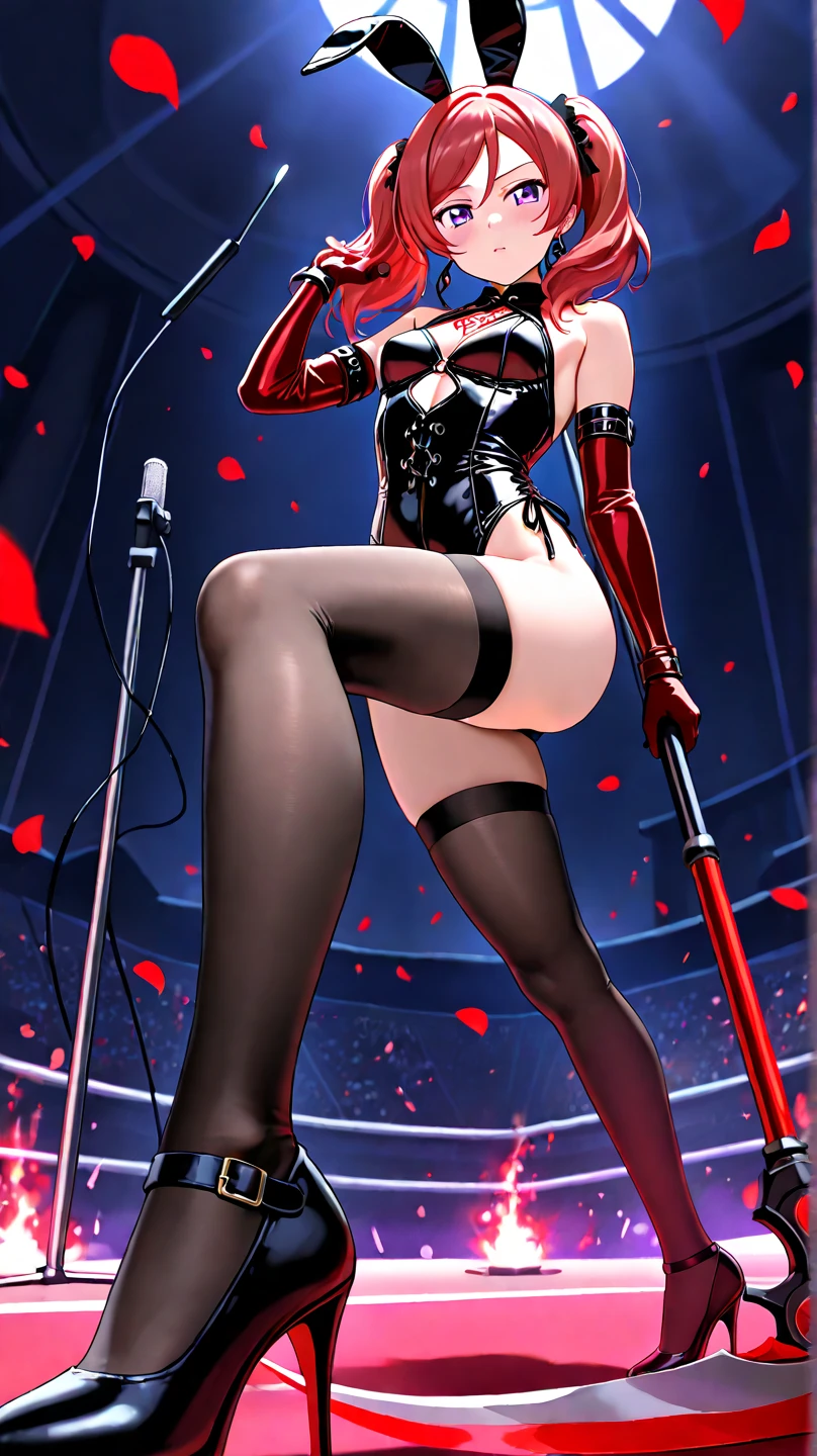 ((masterpiece)), dynamic angle, robotic aesthetic, aegis, gloves, red ribbon, black high heels, mechanical hairband, FernFrieren, hair, realistic eyes, ( pupils), looking down, straight-on, expressionless, arms apart, standing ready for battle, looking at viewer, large breasts, ultra detailed, masterpiece, best quality, aesthetic, detailed,(super detailed eyes)