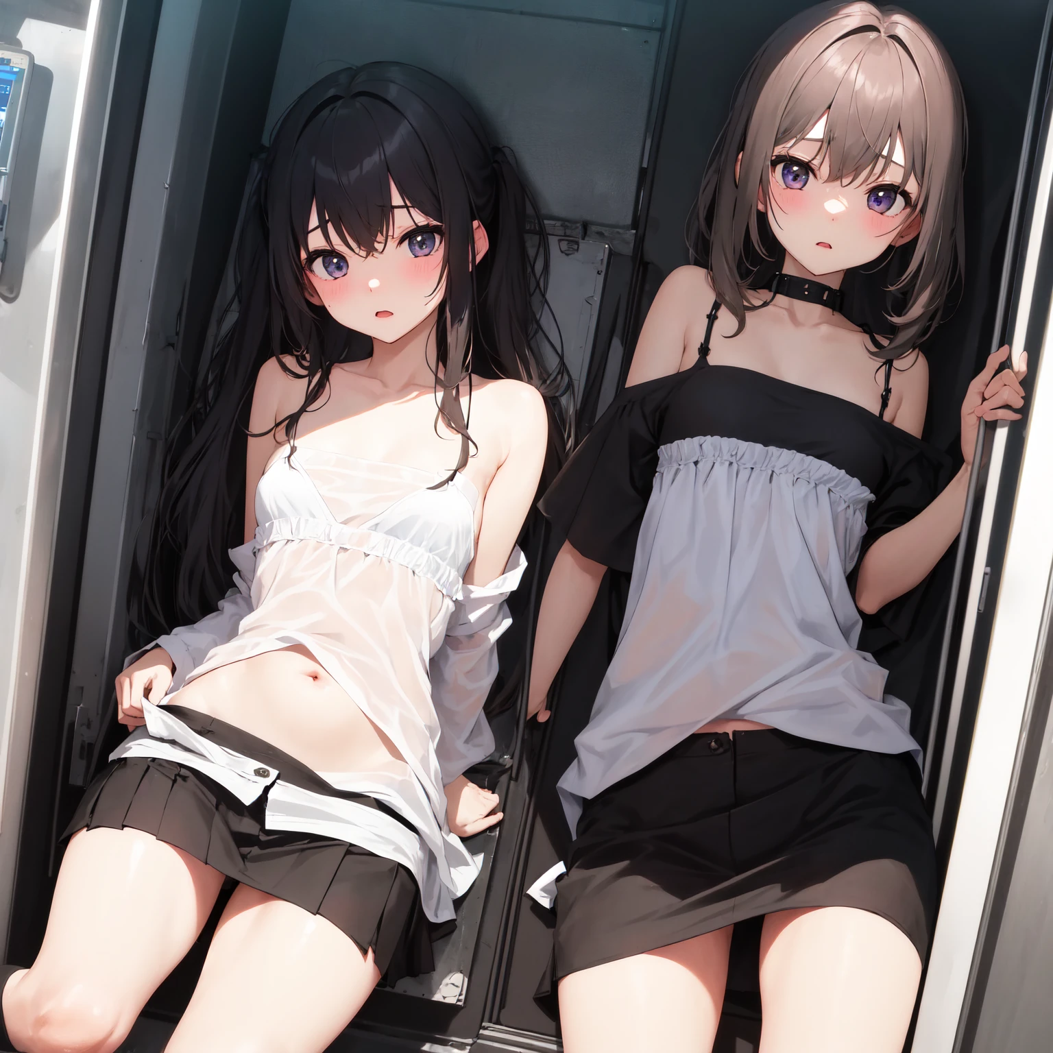 young girl in a roller coaster, randomize closed eyes, ((three girls watching and fondling thier naked body)), (girls are secretly masturbation act)、Spread legs、leaning back, crotch forward、Intense masturbation、blouse nipple protrusion, (fingering), girls masturbation sex act, (((shy girls lesbian act))), fondling genitals, girl straddling vibrator