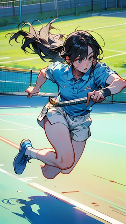 Please draw an illustration of a woman holding a tennis racket while taking a break between matches.。Woman sitting on a bench、She looks relaxed as she wipes away her sweat with a towel.。In the background is a green lawn and a tennis net.。