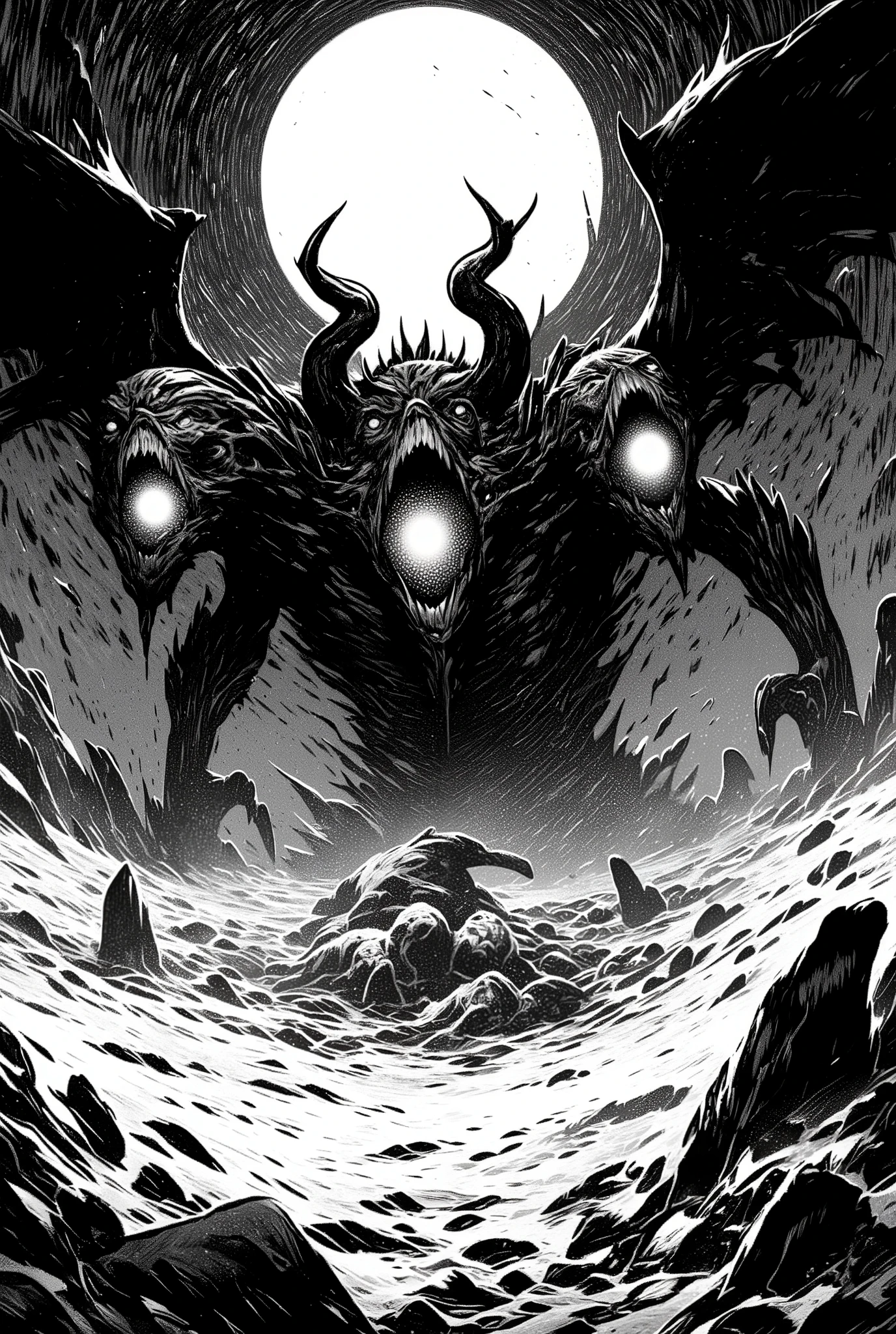 monochrome, Gustave Doré style, woodcut, Masterpiece, best quality, amazing quality, absurdres, in a vast frozen cavern, wide open space, 9th Circle of Hell, Lake Cocytus, (MLP King Sombra as Lucifer), frozen up to his waist in ice, uselessly beating her wings, he has three face, he has three mouths, one mouth is chewing on (MLP Lord Tirek), one mouth is chewing on (MLP Queen Chrysalis), one mouth chewing on (MLP Cozy Glow)