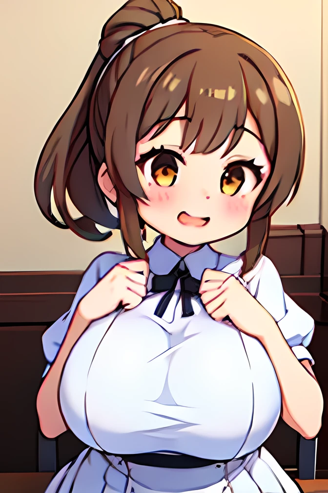 score_9_up,,score_8_up,score_7_up,score_6_up,score_5_up,score_4_up, 1 girl, satosasara, brown eyes, brown hair, single hair bun, (ponytail:1.2), long sideburns, long hair, frilled dress, white dress, white ribbon, short sleeves, puffy sleeves, puffy short sleeves, frills,(huge breasts), sagging breasts,smile,embarrassed ,sit chair ,((pov angle)),looking at another,