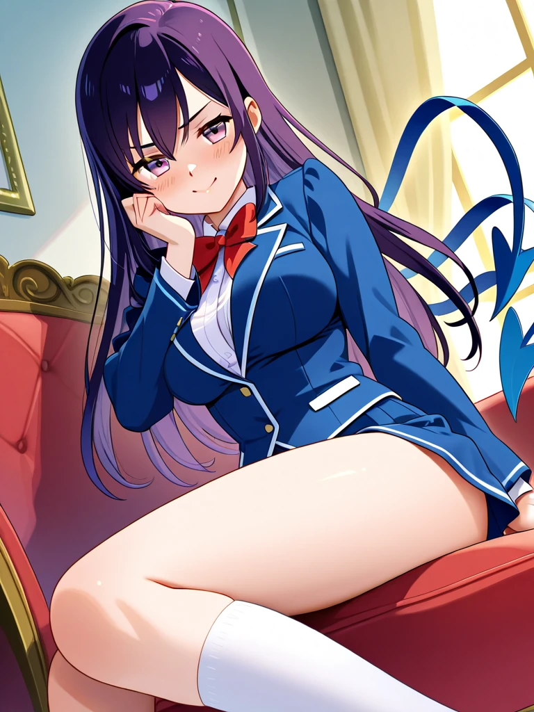 (((Spread your legs、Shiny underwear、Shooting from below))、(((Emphasize the crotch)))、Highest quality, 8k, masterpiece :1.3)), whole body, Sharp focus :One Girl,Shiny skin,Sexy pose,Highest quality,Tabletop,shape,Very delicate and beautiful,Hmph,8k壁紙,wonderful,In detail,Official Art,Very detailedなティッカーUnity 8k壁紙,Incredibly ridiculous,Large file size,Very detailedな,High resolution,Very detailed,Beautiful detailed girl,Realistic,X-ray,The queue is full(((Uniform Blazer、mini skirt、tights)))、(((Big Breasts)))、(((School、classroom)))、Cleavage 、((Purple Hair、Panties worn、Big Breasts))、Uniform Blazer、exy pose、hairstyle purple long hair、Hand２Book、