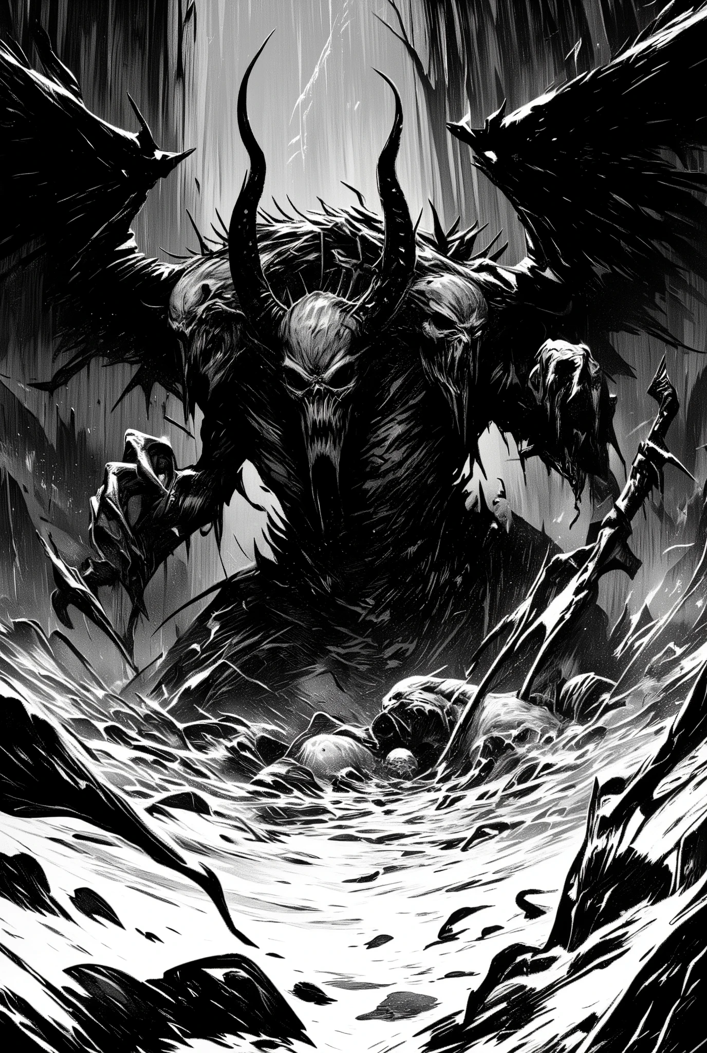 monochrome, Gustave Doré style, woodcut, Masterpiece, best quality, amazing quality, absurdres, in a vast frozen cavern, wide open space, 9th Circle of Hell, Lake Cocytus, (MLP King Sombra as Lucifer), frozen up to his waist in ice, uselessly beating her wings, he has three face, he has three mouths, one mouth is chewing on (MLP Lord Tirek), one mouth is chewing on (MLP Queen Chrysalis), one mouth chewing on (MLP Cozy Glow)