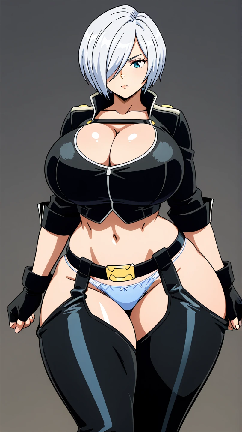 (milf,gigantic breasts, sagging breasts, mature female, ,thick thighs,) 1girl, BRSEXTRA, purple eyes, coat, collar, jacket, long hair, scar, shorts, black bikini top, star \(symbol\), swimsuit, twintails, uneven twintails