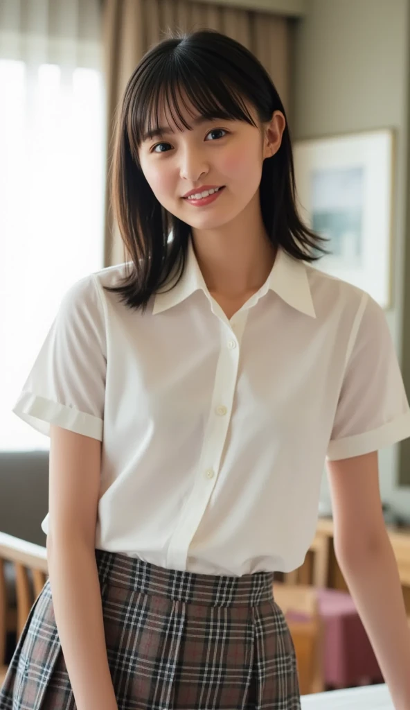 (8k, RAW photo, highest quality, masterpiece: 1.2), (realistic, photorealistic: 1.4), hyperrealism, (masterpiece), (high resolution), (ultra detail), (best shadow), realistic shadows, ultra high resolution, (detail face: 1.4), perfect skin, realistic skin texture, detailed skin texture, depth of field, natural , lens flare, (soft saturation: 1.3), Professional portrait photography, Japan beautiful female idol, cute, young, quiet girl, (15 years old), baby face, full lips, round face, black hair, dull bangs, fluffy short hair, beautiful eyes, good looking, beautiful face, (fair skin: 1.4, soft skin), without makeup, loneliness, (plump), , knee-length skirt, plaid skirt, pleated skirt, short sleeves, bow tie, (white shirt:1.4), Cute white bra, upper body, in the girl's room, cute smile,