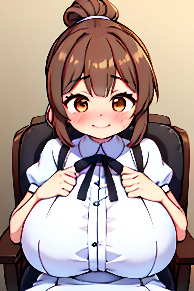 score_9_up,,score_8_up,score_7_up,score_6_up,score_5_up,score_4_up, 1 girl, satosasara, brown eyes, brown hair, single hair bun, (ponytail:1.2), long sideburns, long hair, frilled dress, white dress, white ribbon, short sleeves, puffy sleeves, puffy short sleeves, frills,(huge breasts), sagging breasts,smile,((embarrassed )),sit chair ,((pov angle)),looking at above ,