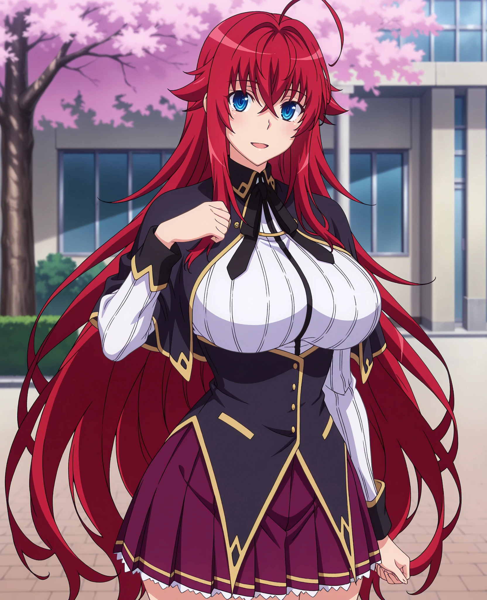 1 girl,crimson hair,long hair,green eyes,knee-length black witch dress,standing outdoors,mansion background,big breasts,cleavage,smile,hair decoration,black hair band,blunt bangs,<lora:add_detail:1>,<lora:shizunourushibarav0.5:0.7>,