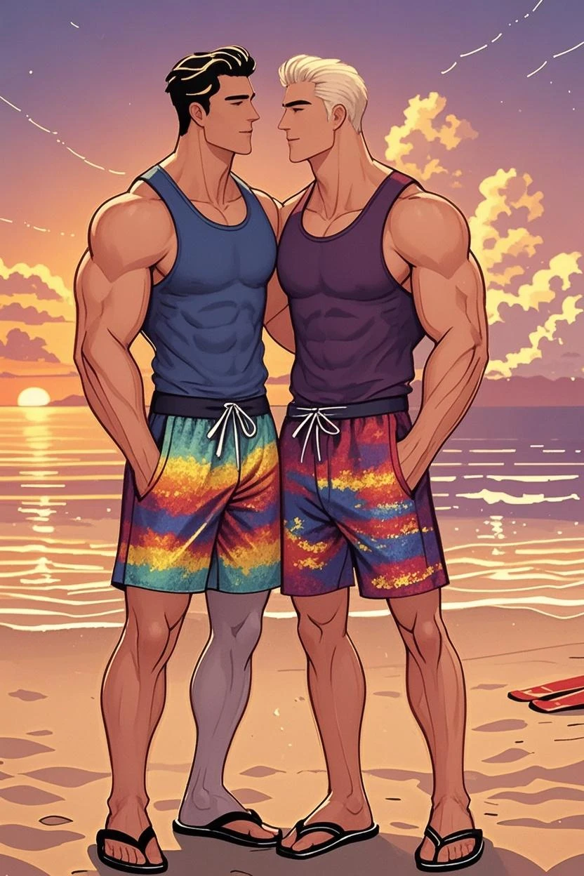 ((best quality)), ((masterpiece)), ((detailed)), (((perfect faces))), (((two well built white men))), (((sunglasses)), (((board shorts))), (((thick legs))), (((abs))), (((perfect body))), (((muscular))), (((athletic bodies)))), (((grinning))), (((looking at viewer))), (((beach)))